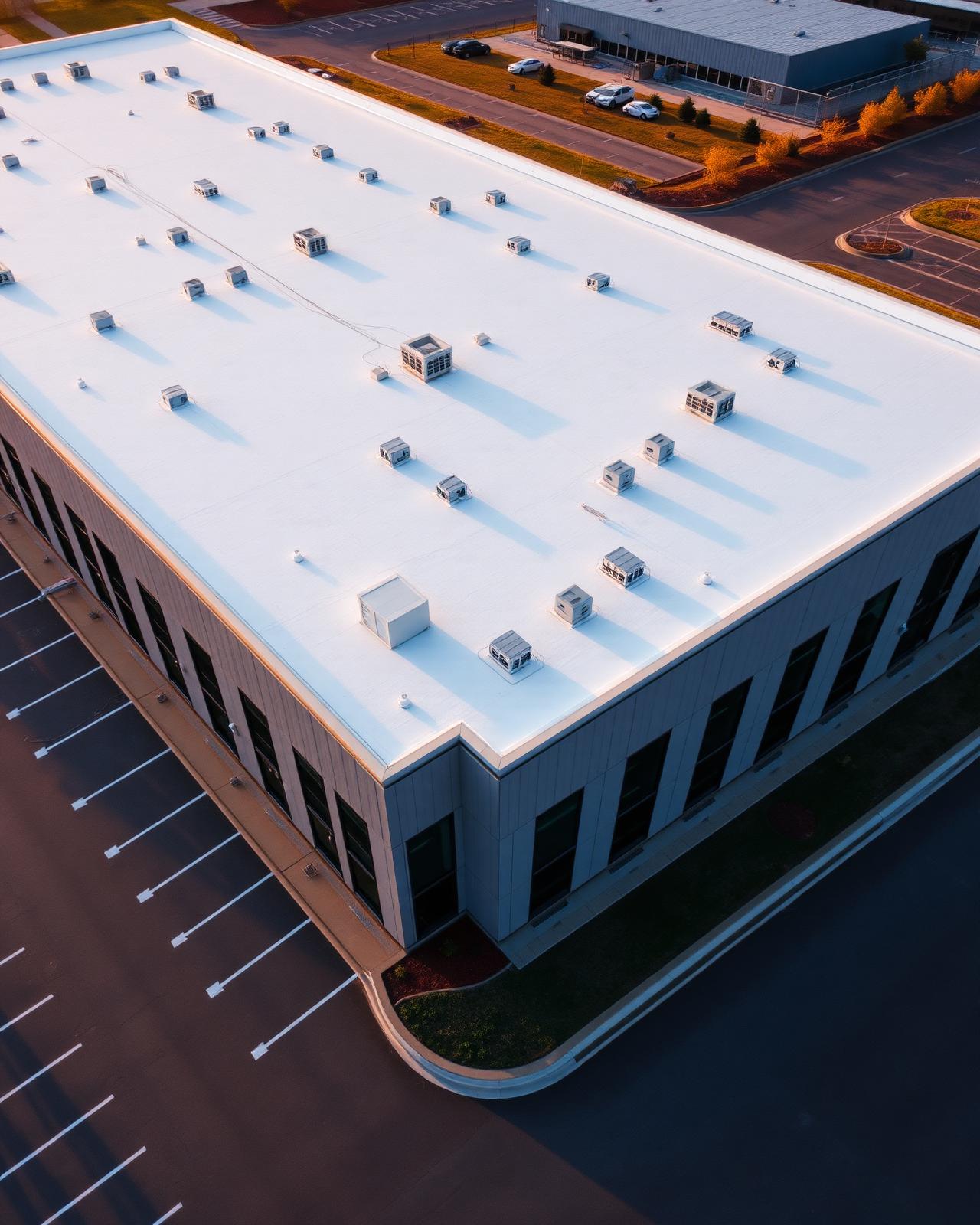 Aerial view of a tilt-wall commercial building with a white TPO roof